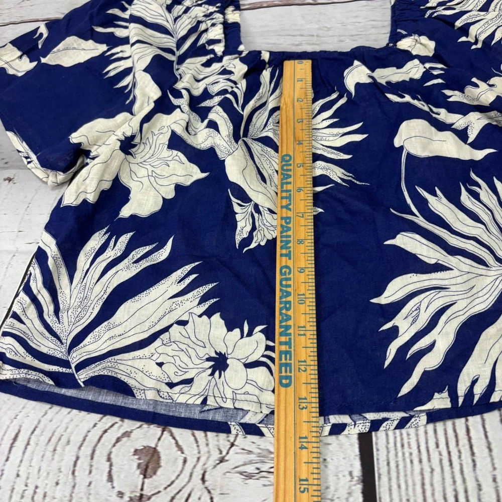 Rachel Zoe Womens Navy White Floral Linen Blend Square Neck Crop Top NWT Small